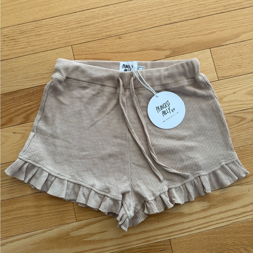 Princess Polly Tan waffle ruffle shorts